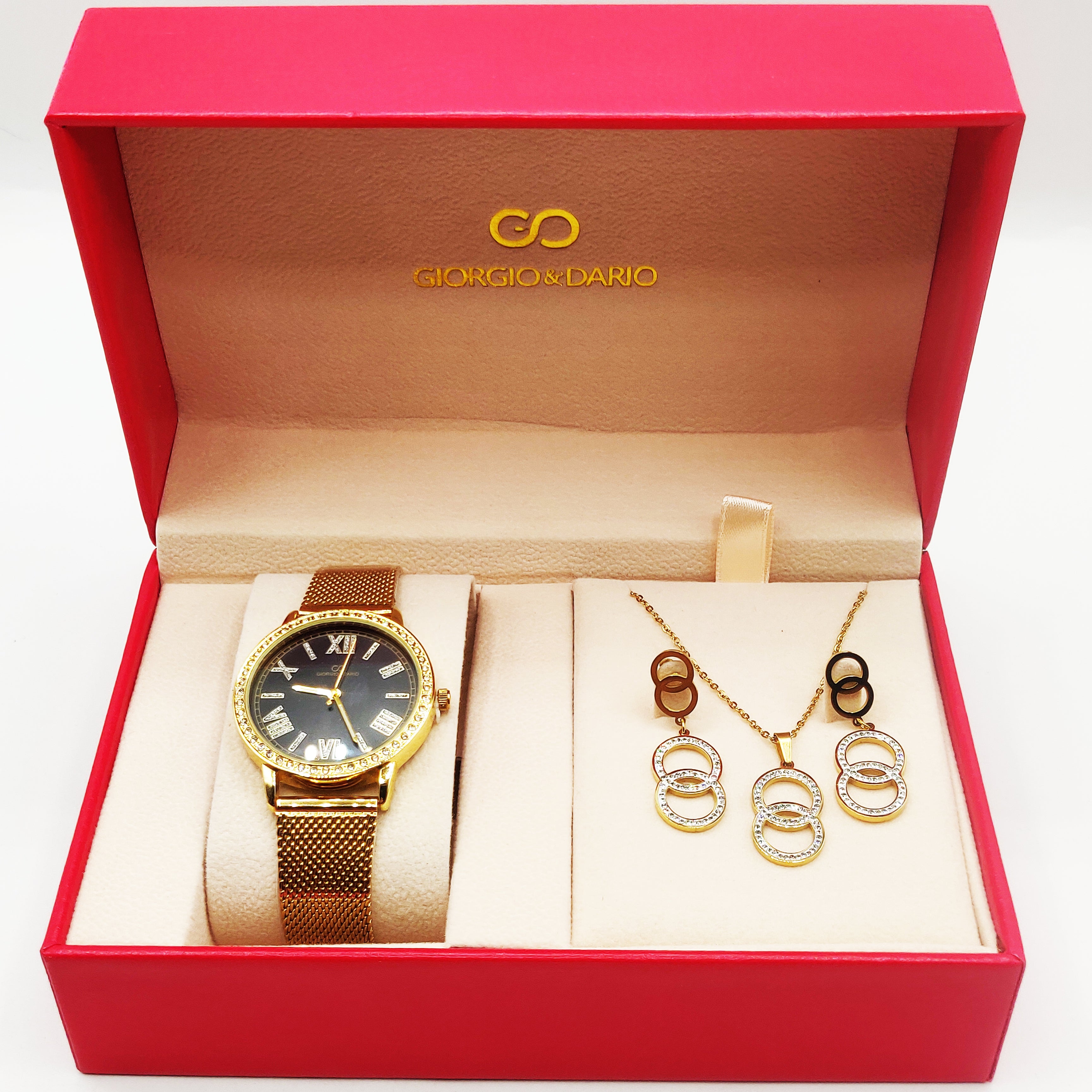 Coffret Montre Giorgio & Dario EU4784 Fond Noir avec Collier et Boucles d'oreilles Doubles Cercles Luxe