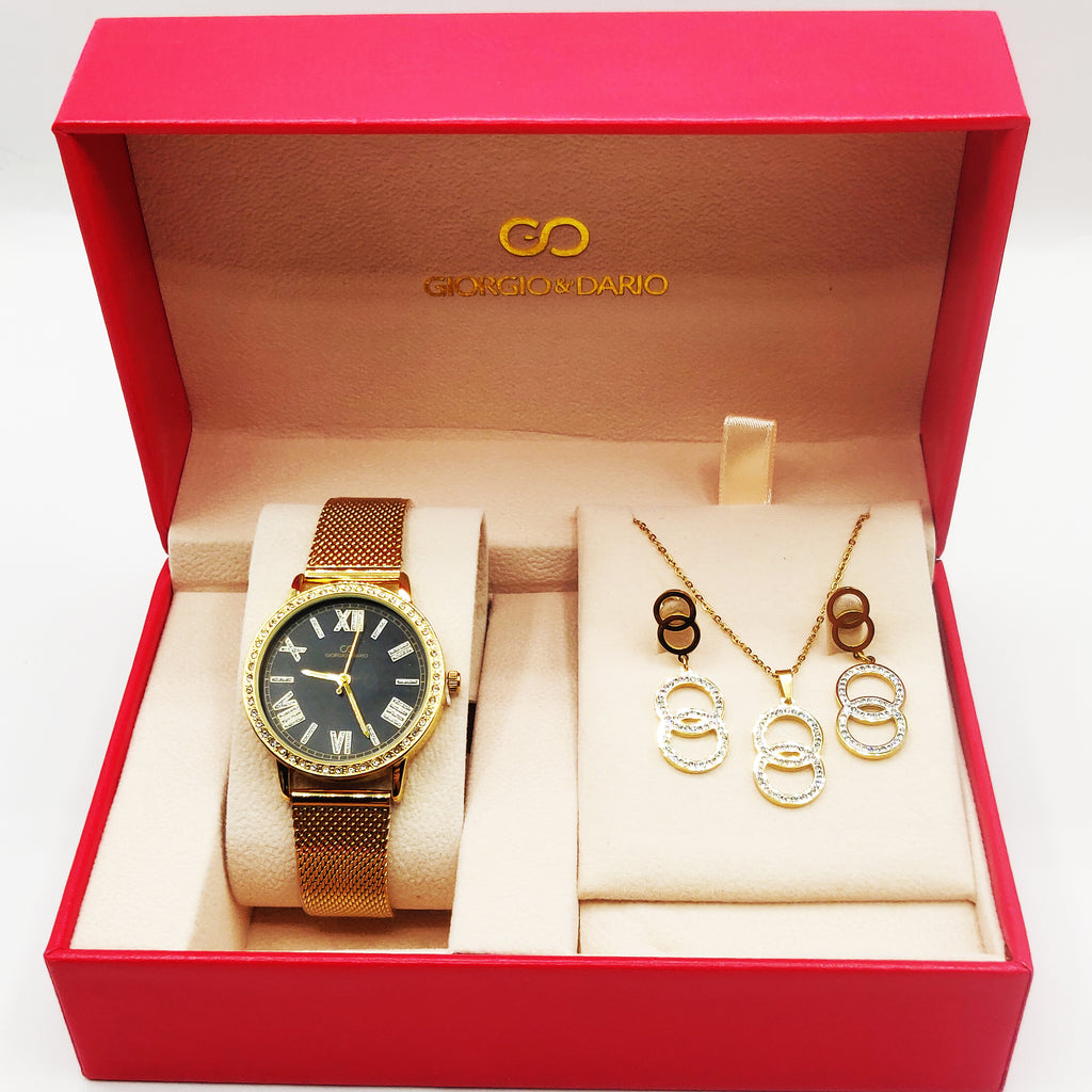Coffret Montre Giorgio & Dario EU4784 Fond Noir avec Collier et Boucles d'oreilles Doubles Cercles Luxe