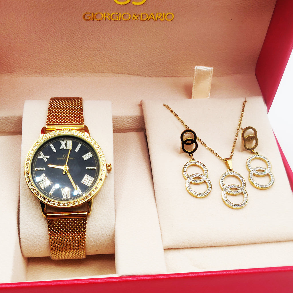 Coffret Montre Giorgio & Dario EU4784 Fond Noir avec Collier et Boucles d'oreilles Doubles Cercles Luxe