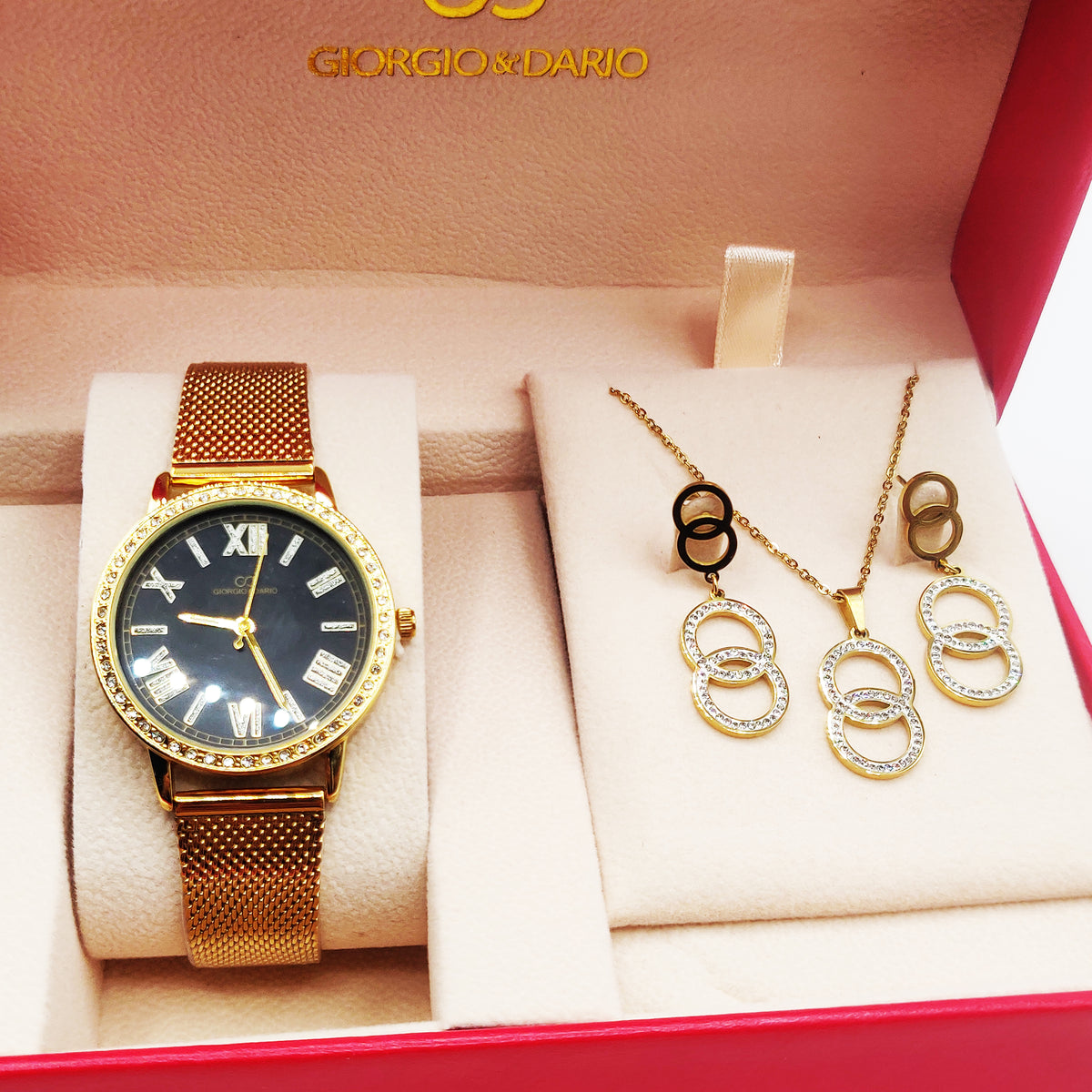 Coffret Montre Giorgio & Dario EU4784 Fond Noir avec Collier et Boucles d'oreilles Doubles Cercles Luxe