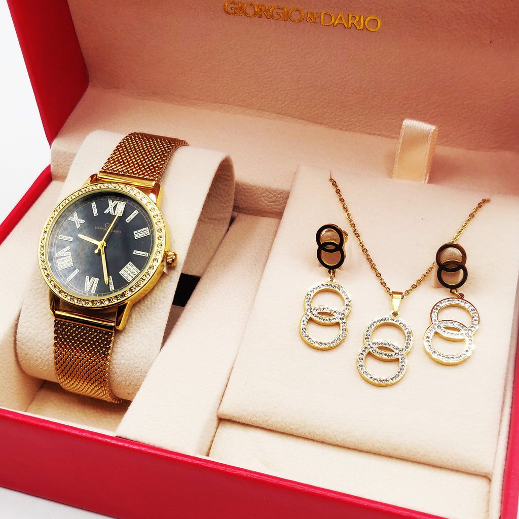 Coffret Montre Giorgio & Dario EU4784 Fond Noir avec Collier et Boucles d'oreilles Doubles Cercles Luxe