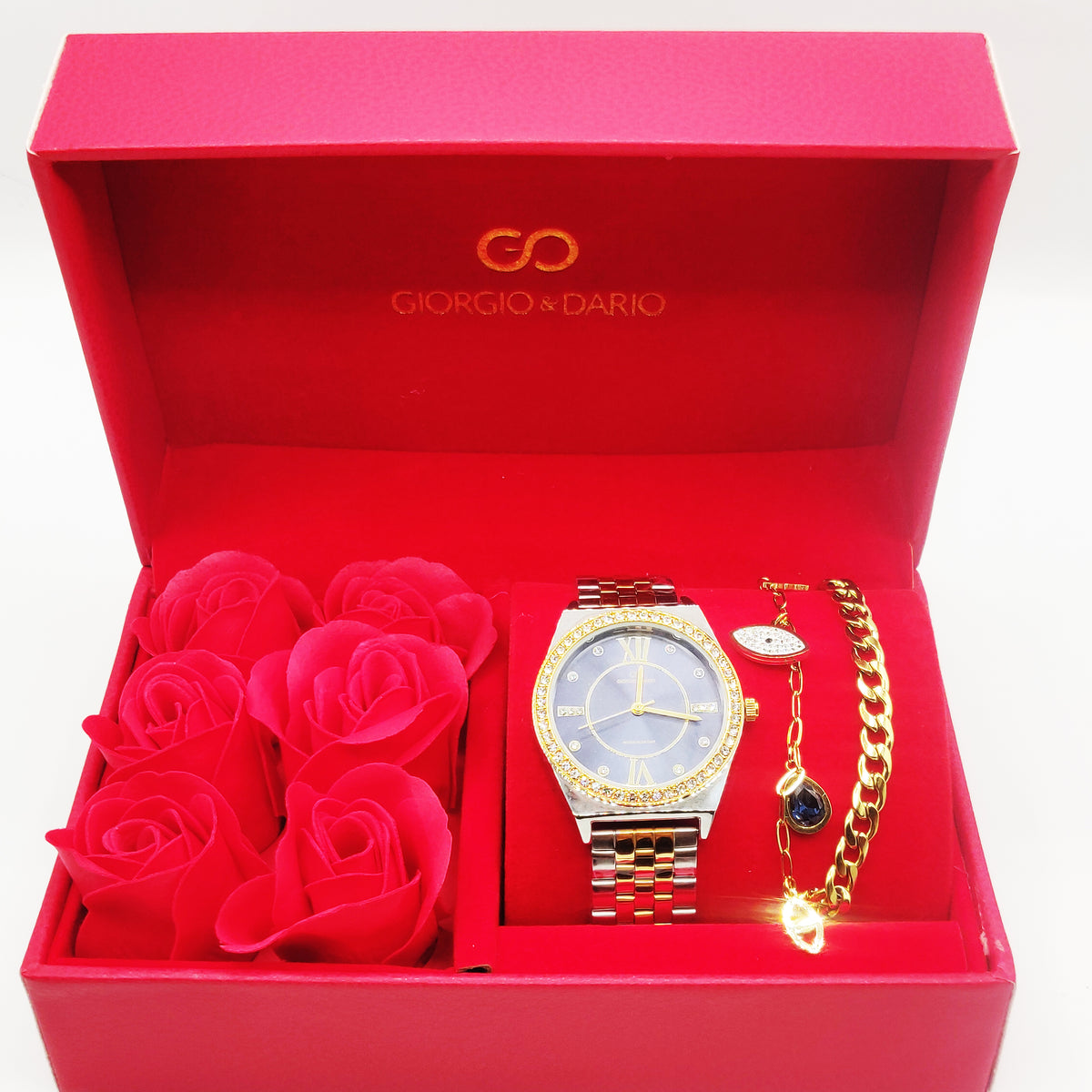 Coffret Cadeau Montre Giorgio & Dario EU6467 Fond Bleu avec Bracelet Double Oeil Luxe et Roses Rouges
