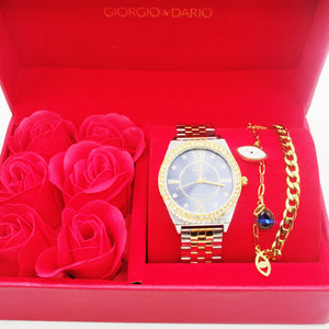 Coffret Cadeau Montre Giorgio & Dario EU6467 Fond Bleu avec Bracelet Double Oeil Luxe et Roses Rouges