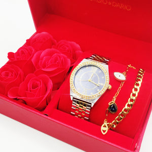 Coffret Cadeau Montre Giorgio & Dario EU6467 Fond Bleu avec Bracelet Double Oeil Luxe et Roses Rouges