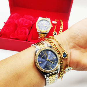 Coffret Cadeau Montre Giorgio & Dario EU6467 Fond Bleu avec Bracelet Double Oeil Luxe et Roses Rouges