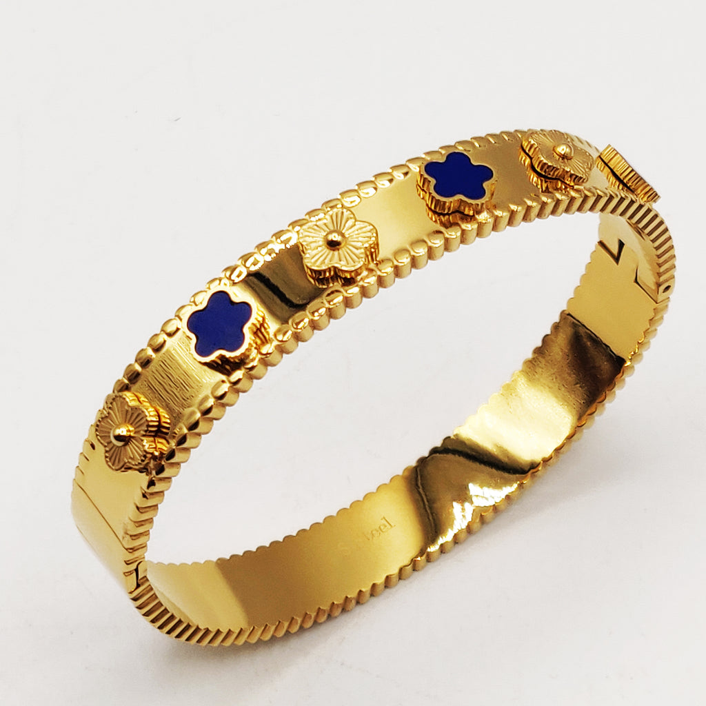 Bracelet Rigide Marguerites Bleues et Dorées Luxe
