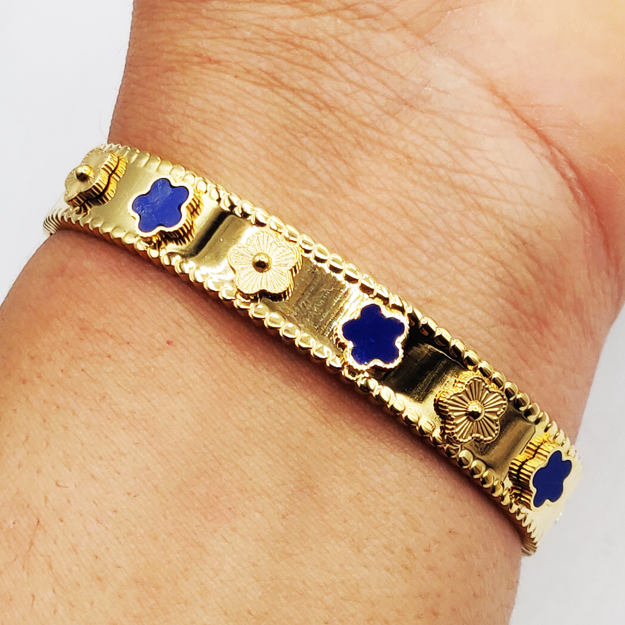 Bracelet Rigide Marguerites Bleues et Dorées Luxe