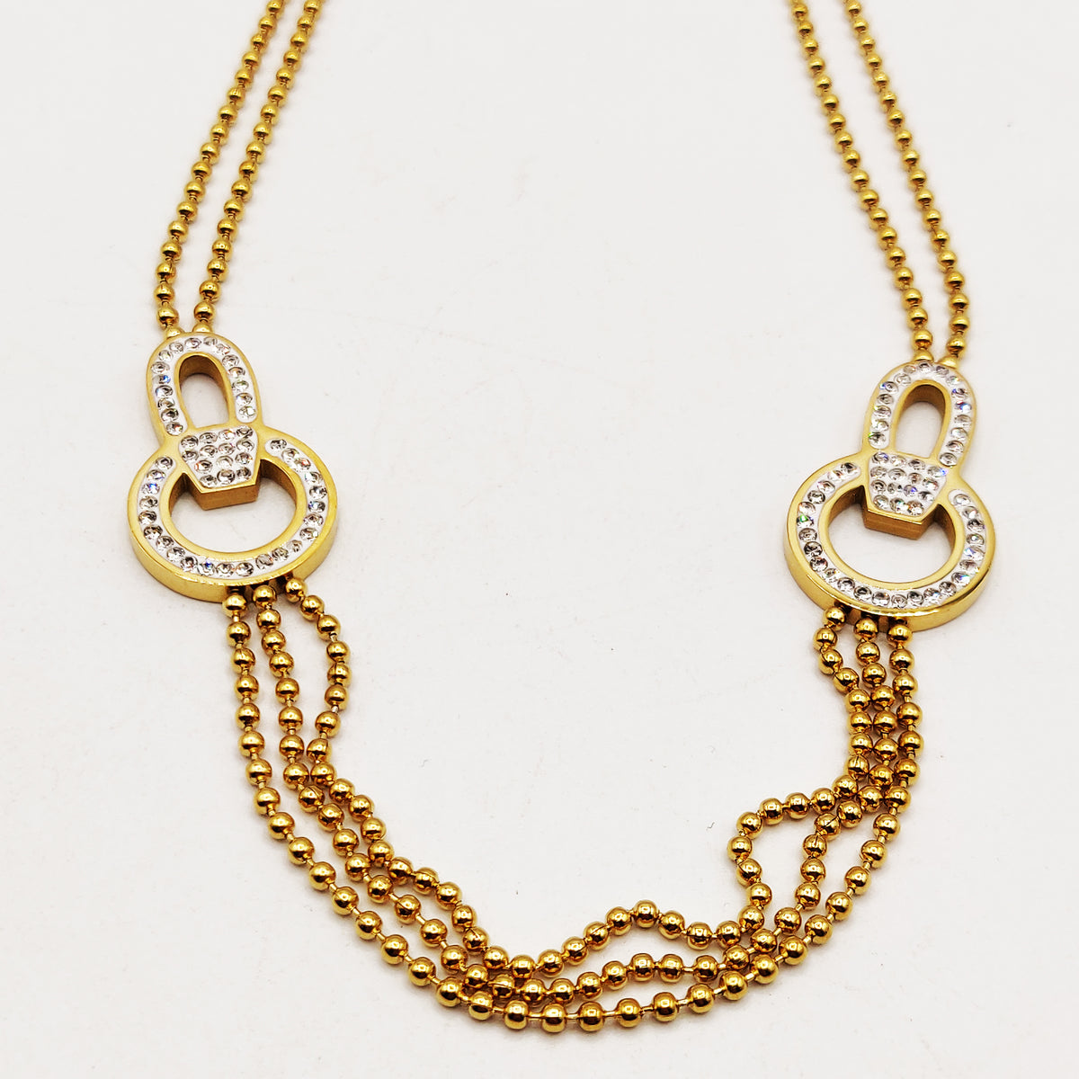Collier Chaîne en Perles d'imitation Dorées Pendentifs Boucles Cristaux