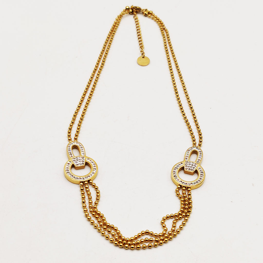 Collier Chaîne en Perles d'imitation Dorées Pendentifs Boucles Cristaux