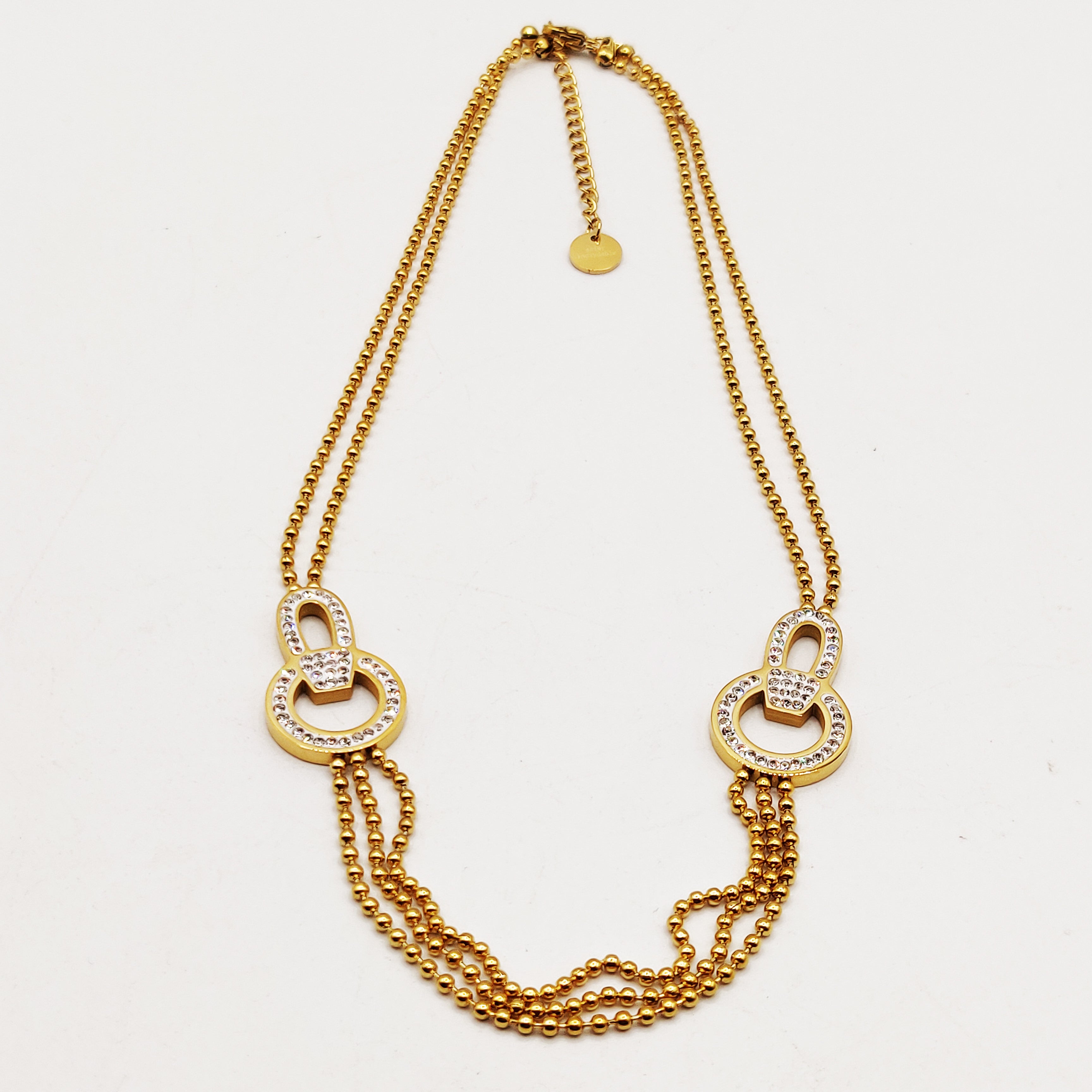 Collier Chaîne en Perles d'imitation Dorées Pendentifs Boucles Cristaux