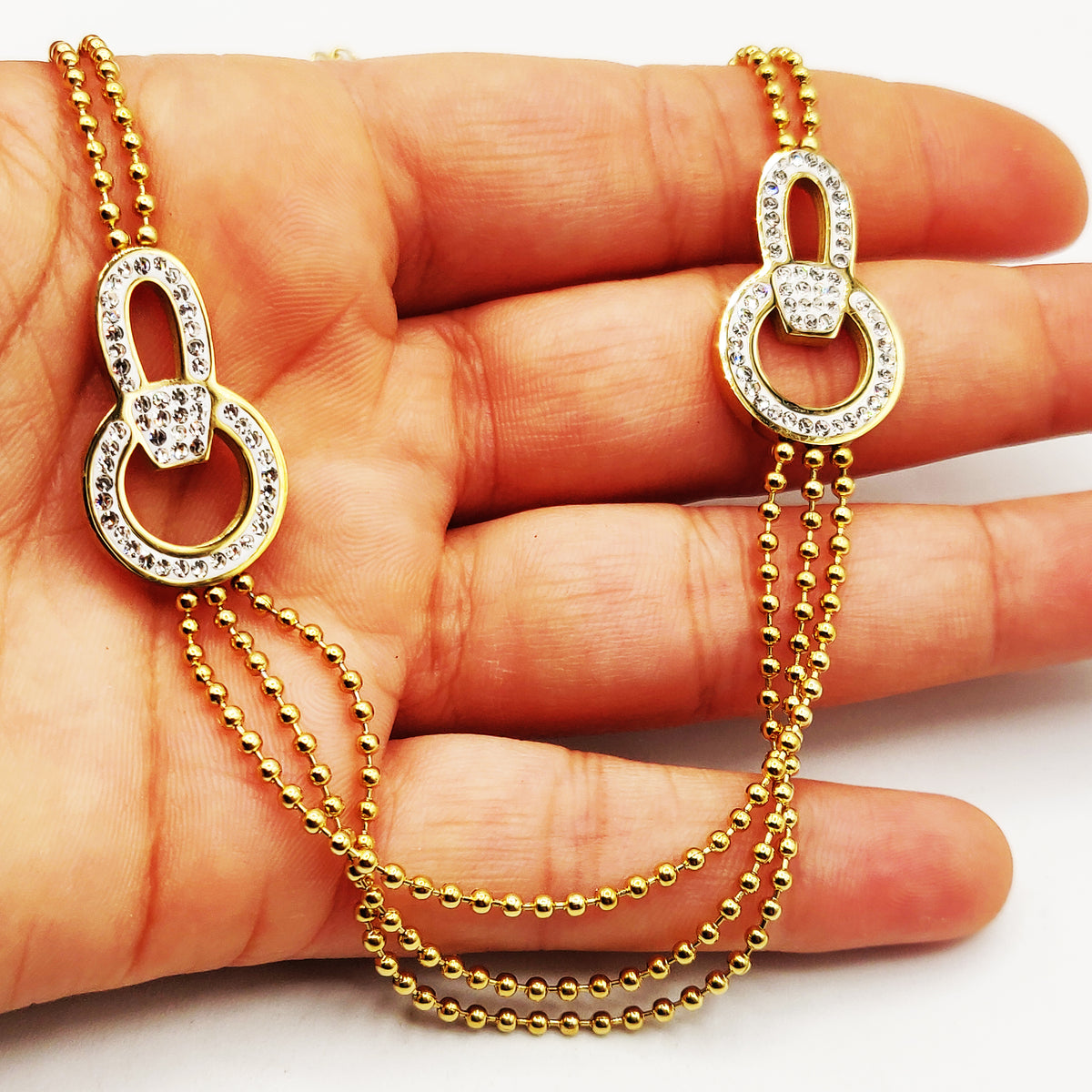 Collier Chaîne en Perles d'imitation Dorées Pendentifs Boucles Cristaux