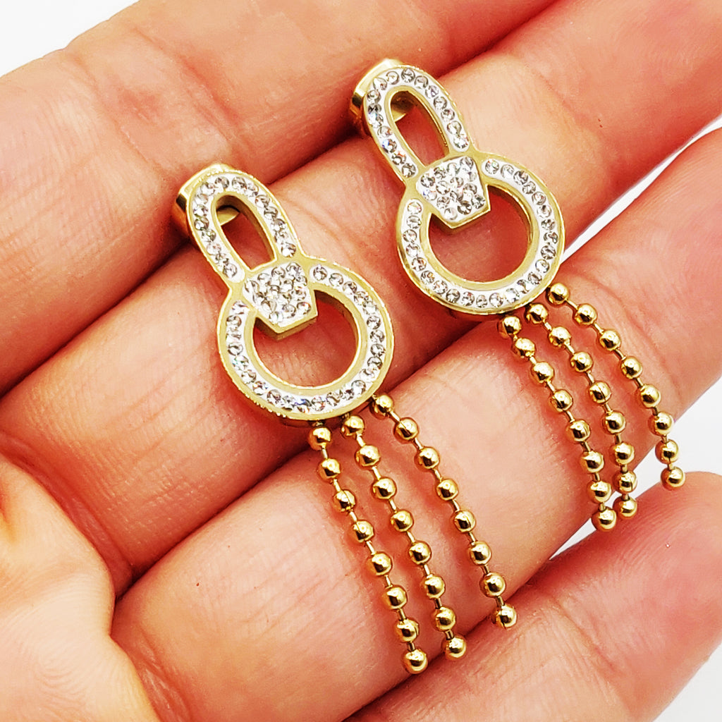 Boucles d'oreilles Chaîne en Perles d'imitation Dorées Pendentifs Boucles Cristaux