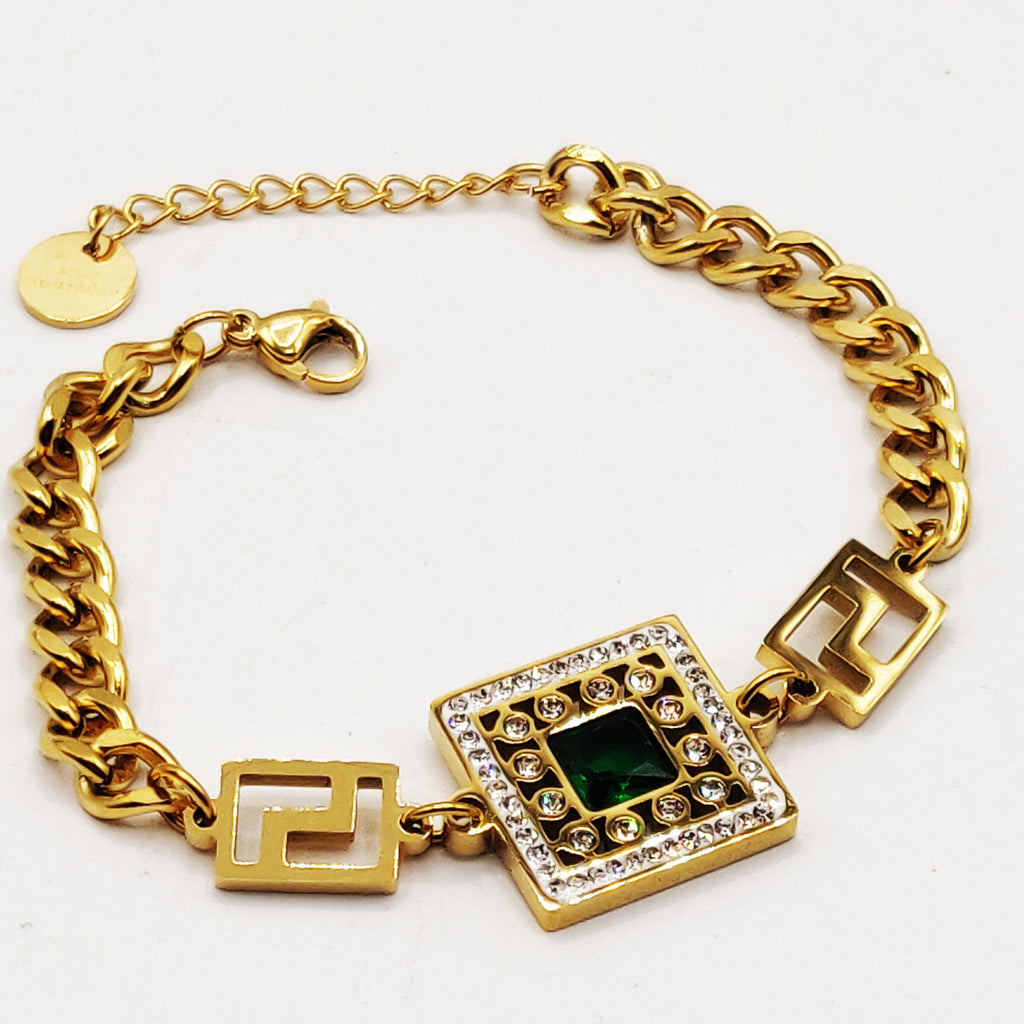 Bracelet Tresse V Luxe Pendentif Carré Cristal Vert