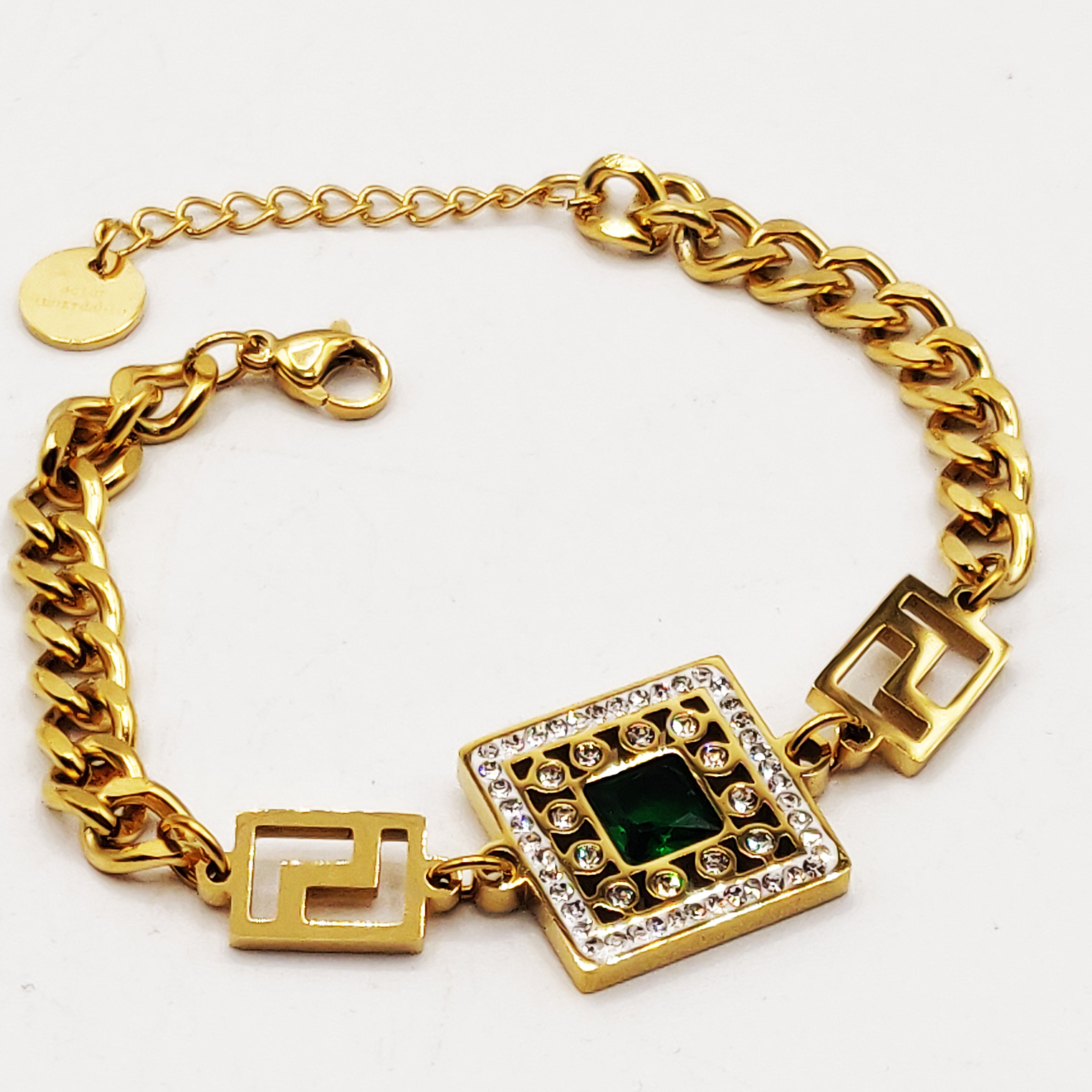 Bracelet Tresse V Luxe Pendentif Carré Cristal Vert