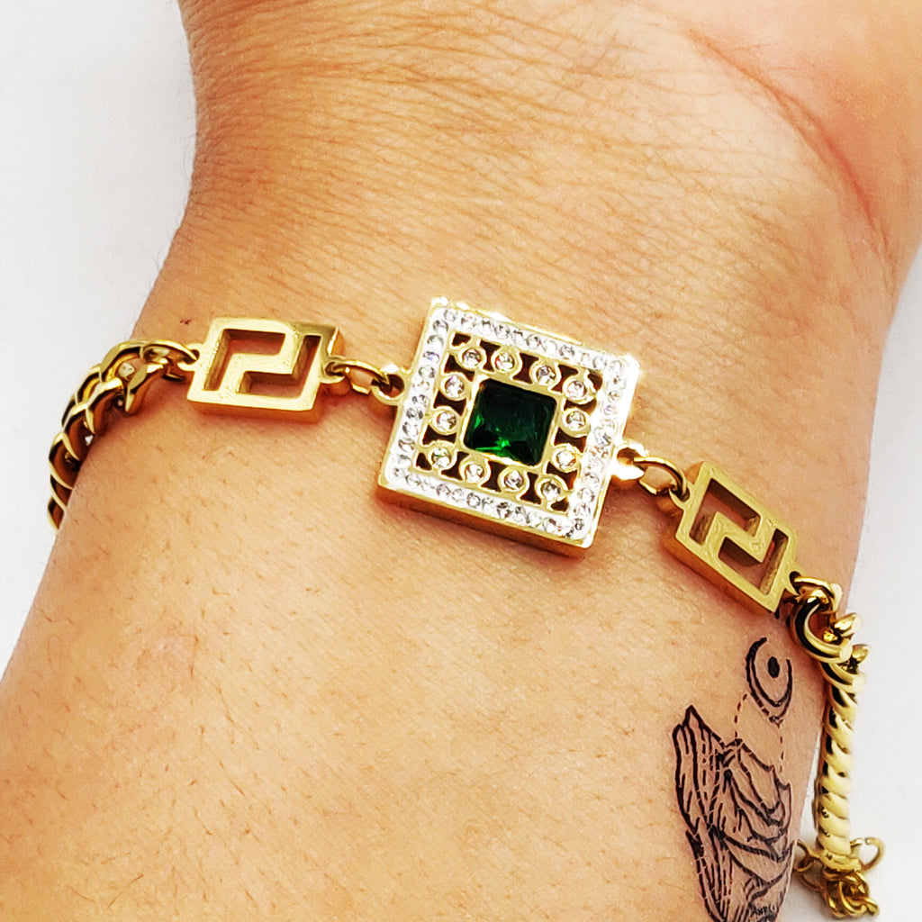 Bracelet Tresse V Luxe Pendentif Carré Cristal Vert