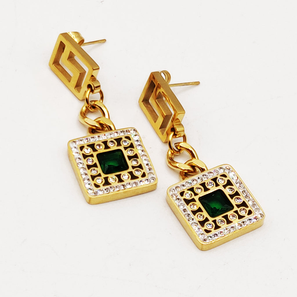 Boucles d'oreilles Tresse V Luxe Pendentif Carré Cristal Vert