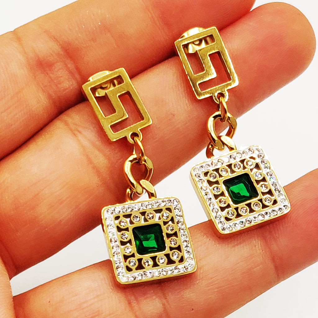 Boucles d'oreilles Tresse V Luxe Pendentif Carré Cristal Vert