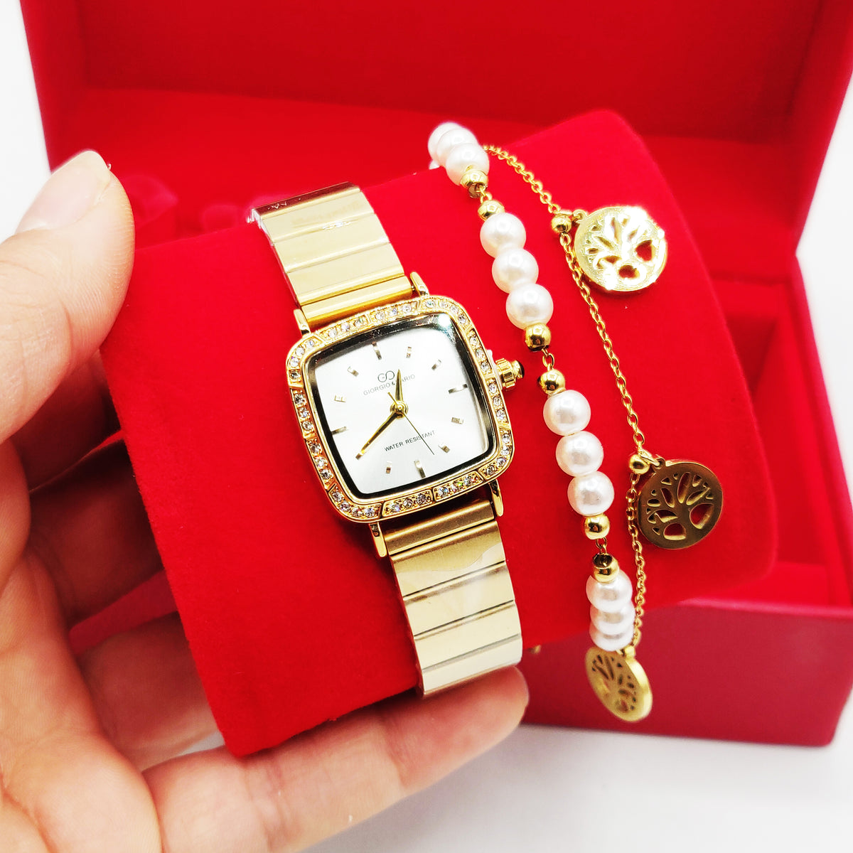Coffret Cadeau Montre Giorgio & Dario GDM5240 Fond Blanc avec Bracelet Double Eden et Perles d'imitation