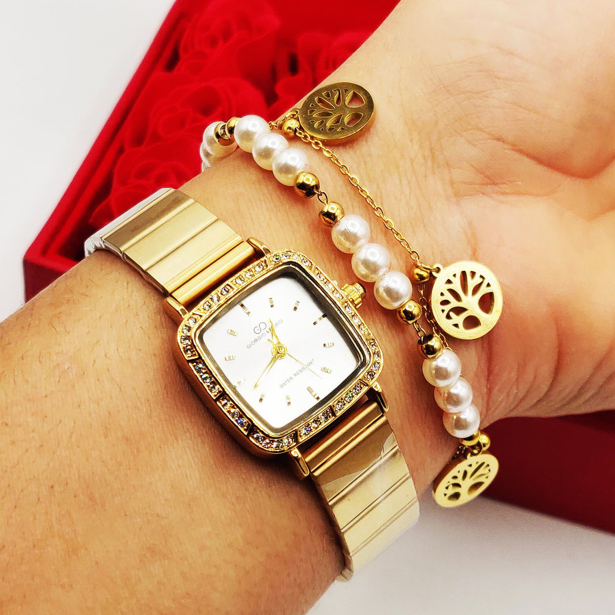 Coffret Cadeau Montre Giorgio & Dario GDM5240 Fond Blanc avec Bracelet Double Eden et Perles d'imitation