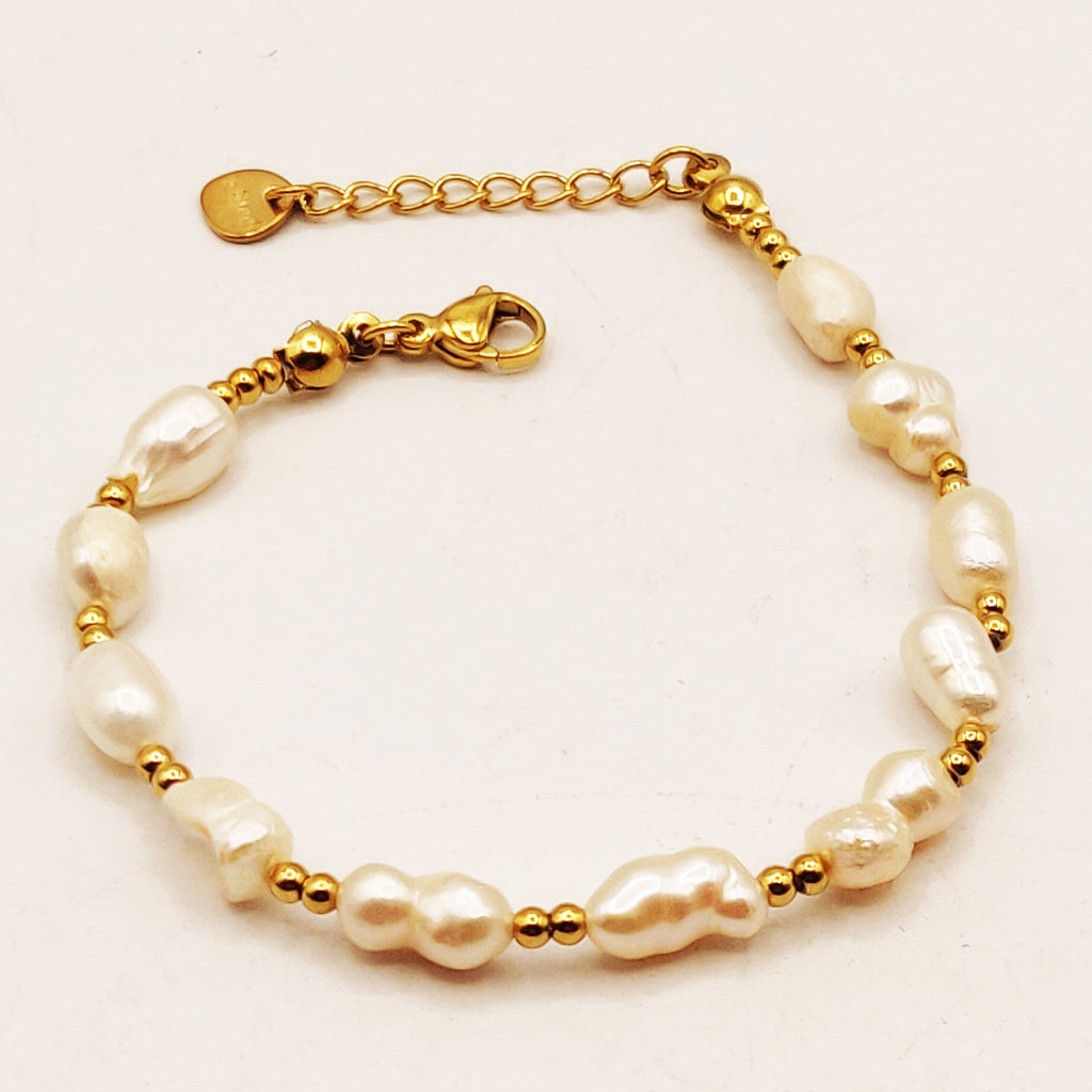 Bracelet Multi Perles d'imitation Blanches et Double Perles d'imitation Dorées