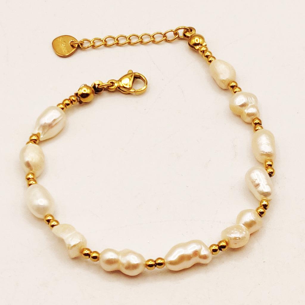 Bracelet Multi Perles d'imitation Blanches et Double Perles d'imitation Dorées