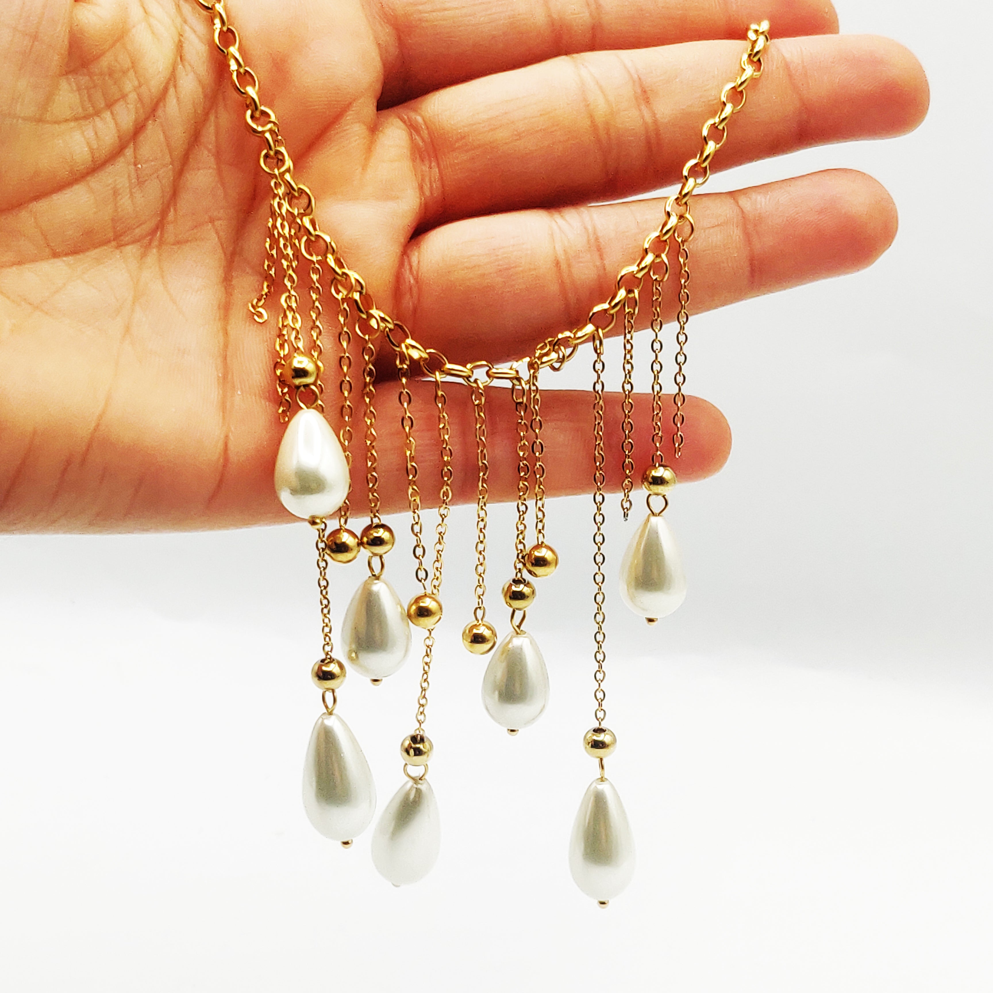 Collier Maillons Multi Pendentifs Perles d'imitation Blanches