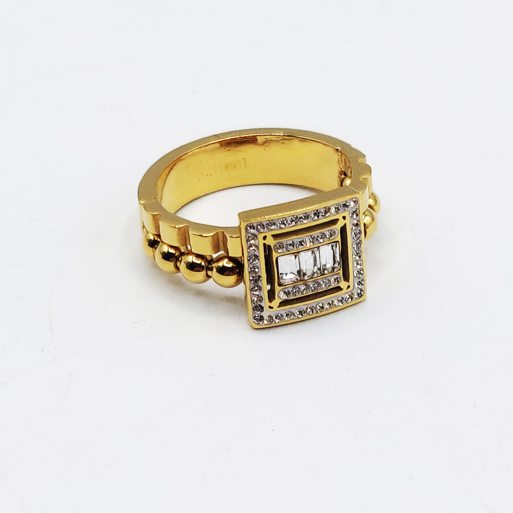 Bague Carré Cristaux Tour Perles d'imitation Dorées