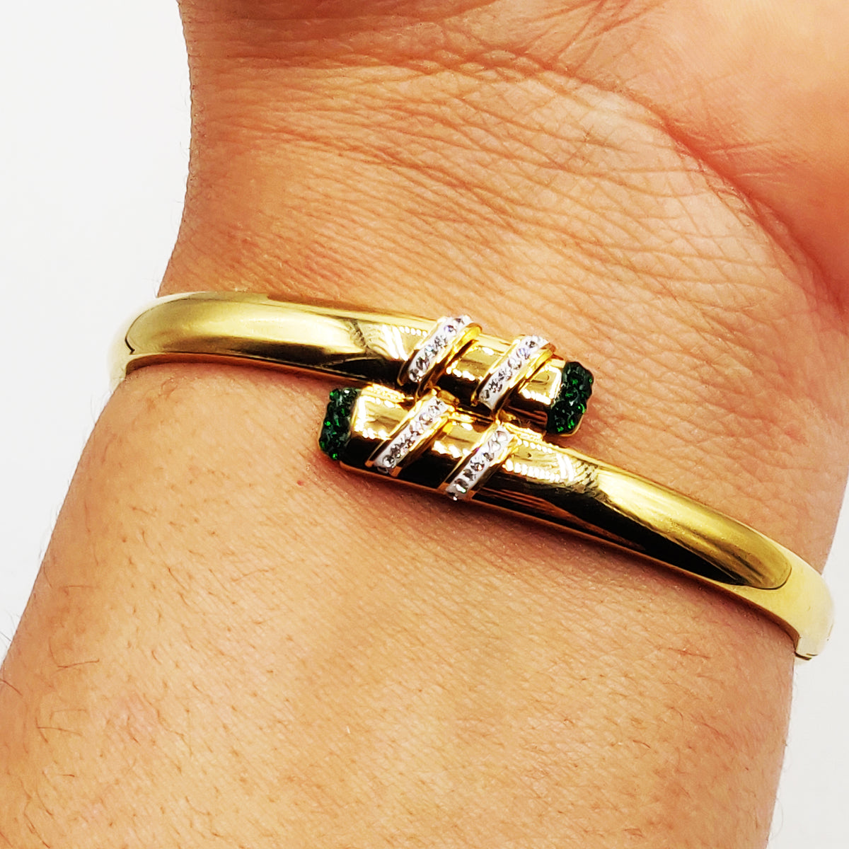 Bracelet Rigide Bandes Cristaux Verts Luxe