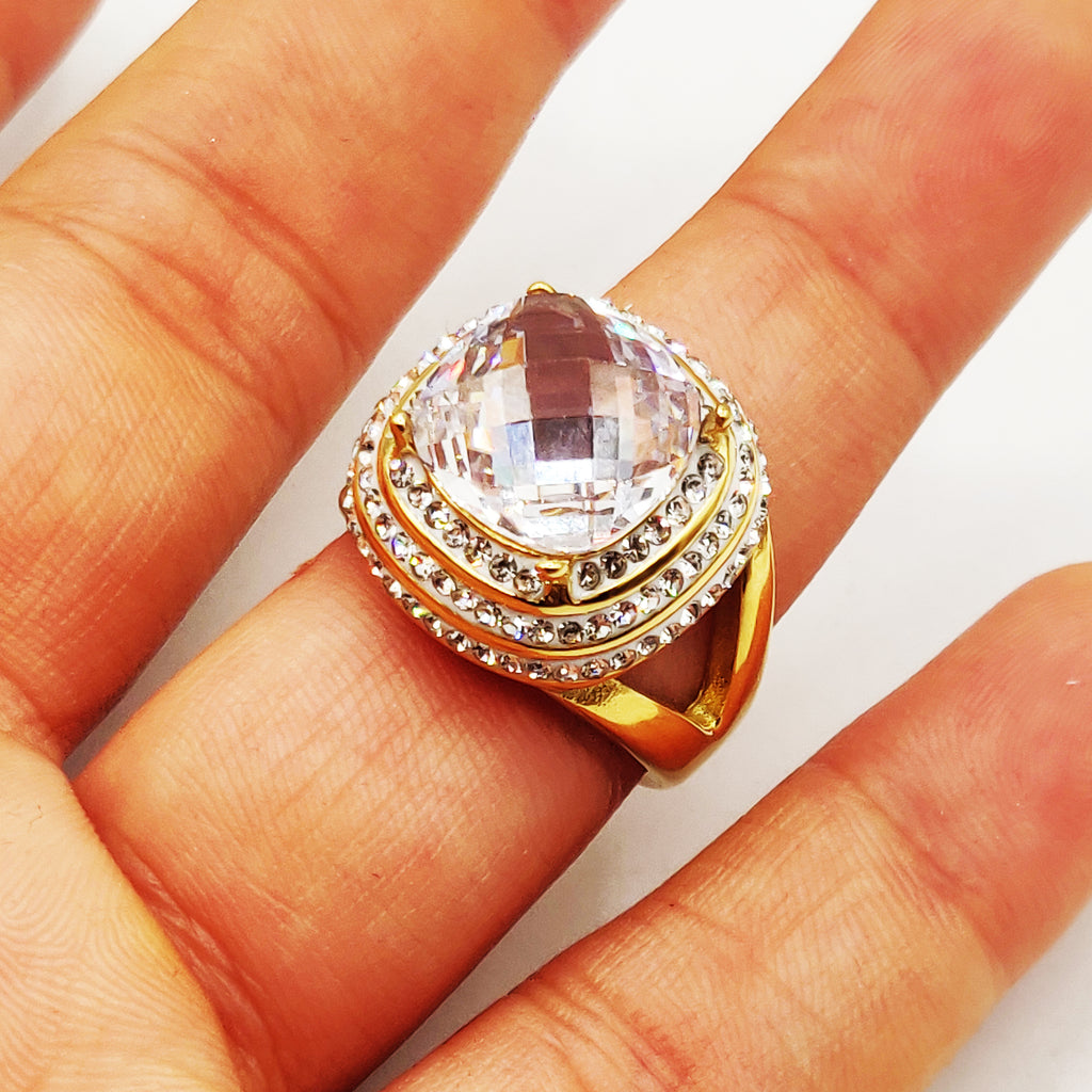 Bague Triple Lignes Cristaux et Gros Cristal Luxe