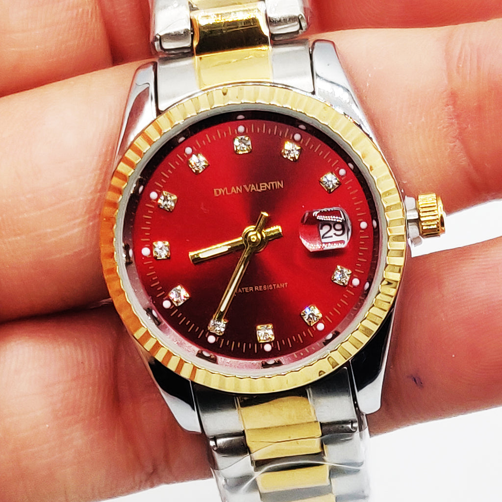 Montre Dylan Valentin DV6507 Fond Rouge Bracelet Argenté et Doré