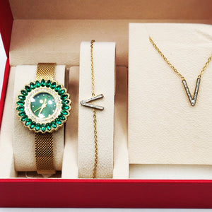 Coffret Montre Giorgio & Dario EU6489 Fond Vert avec Collier et Bracelet V Cristaux