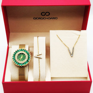 Coffret Montre Giorgio & Dario EU6489 Fond Vert avec Collier et Bracelet V Cristaux