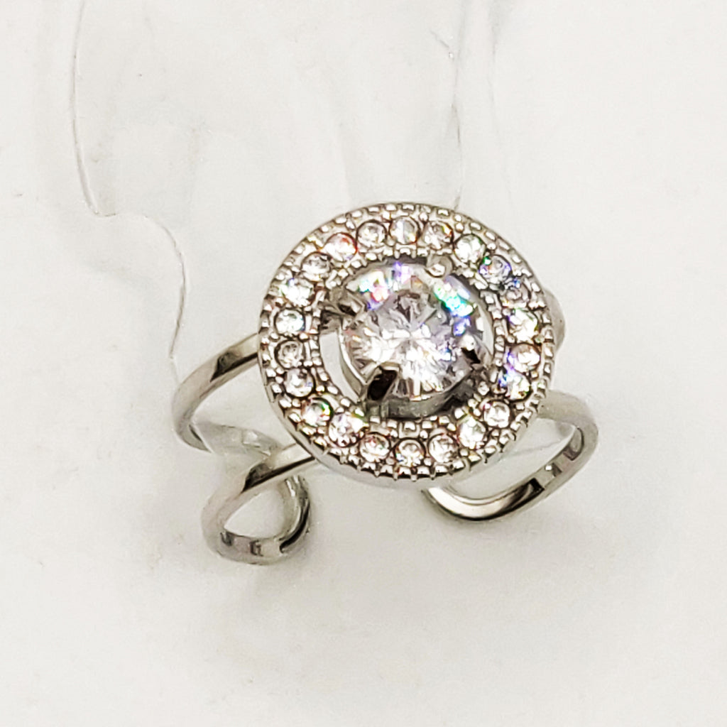 Bague Argentées Cercle Cristaux et Gros Cristal