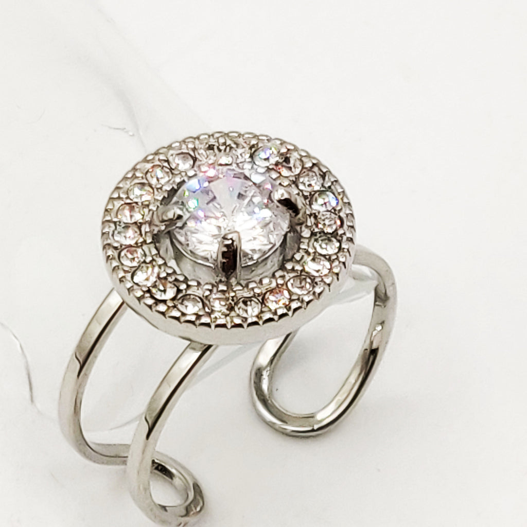 Bague Argentées Cercle Cristaux et Gros Cristal