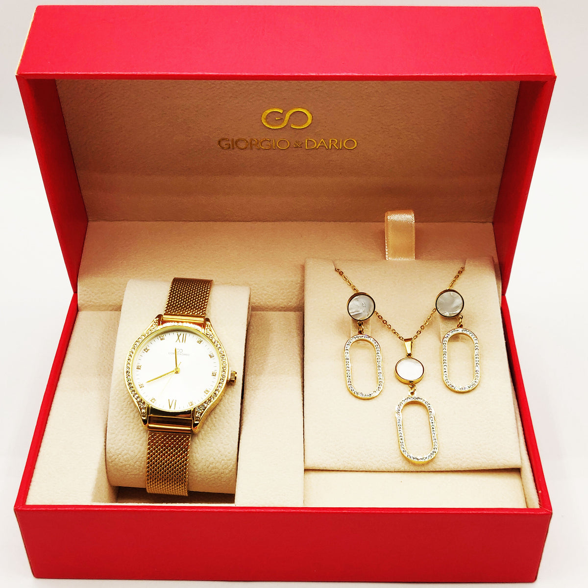 Coffret Montre Giorgio & Dario EU6336 Fond Blanc avec Collier et Boucles d'oreilles Ovales Cristaux