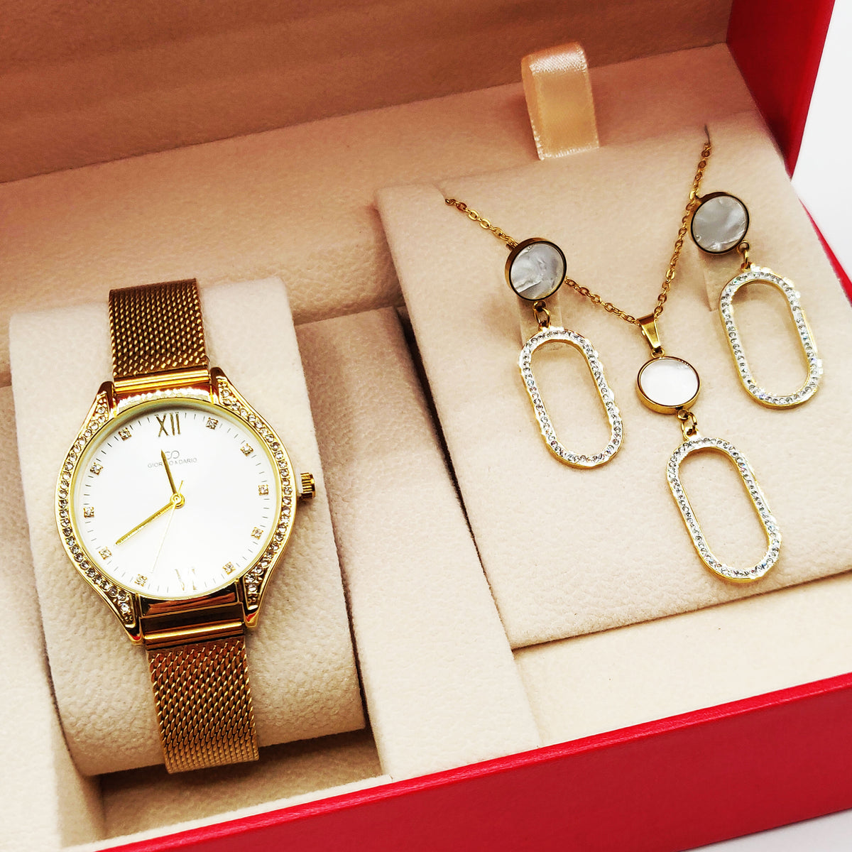 Coffret Montre Giorgio & Dario EU6336 Fond Blanc avec Collier et Boucles d'oreilles Ovales Cristaux