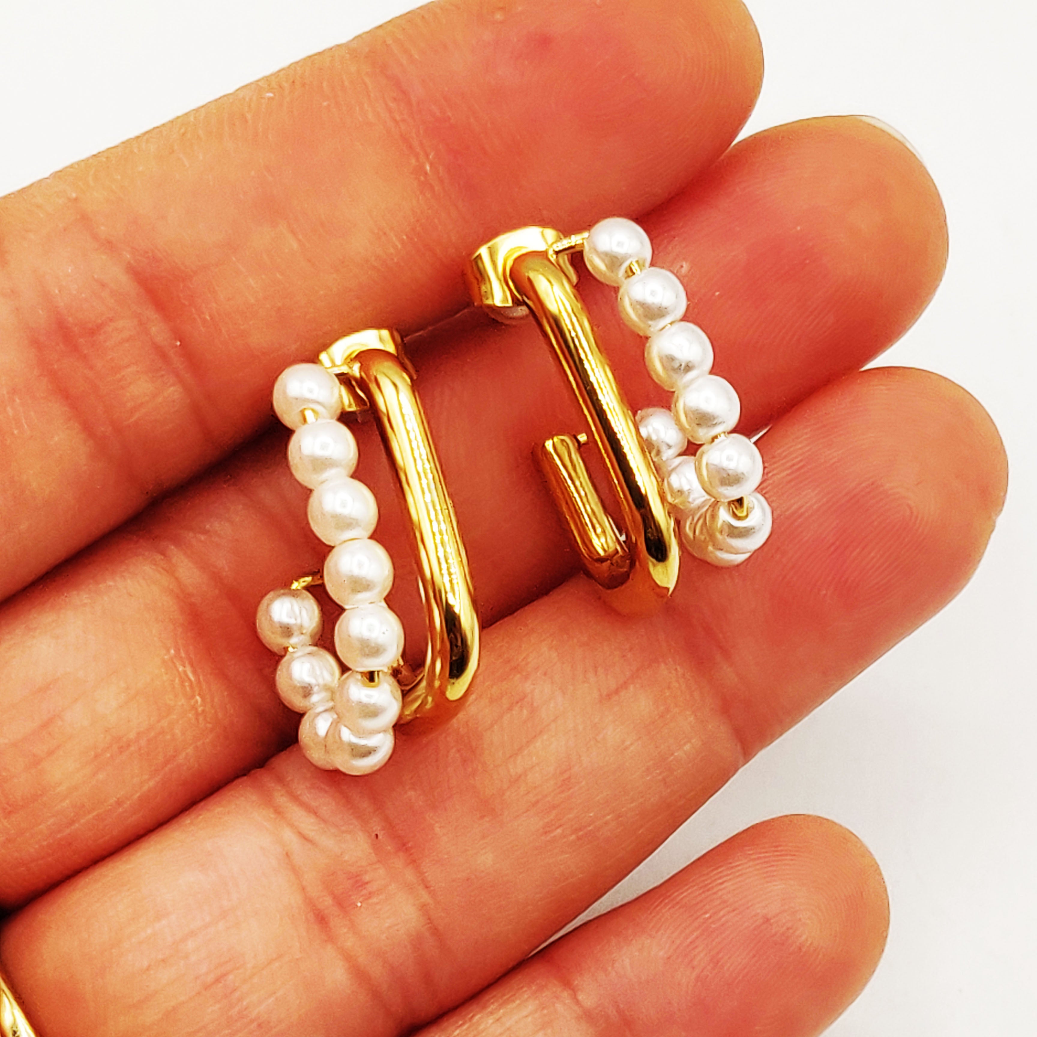 Boucles d'oreilles Multi Ovales et Perles d'imitation Blanches