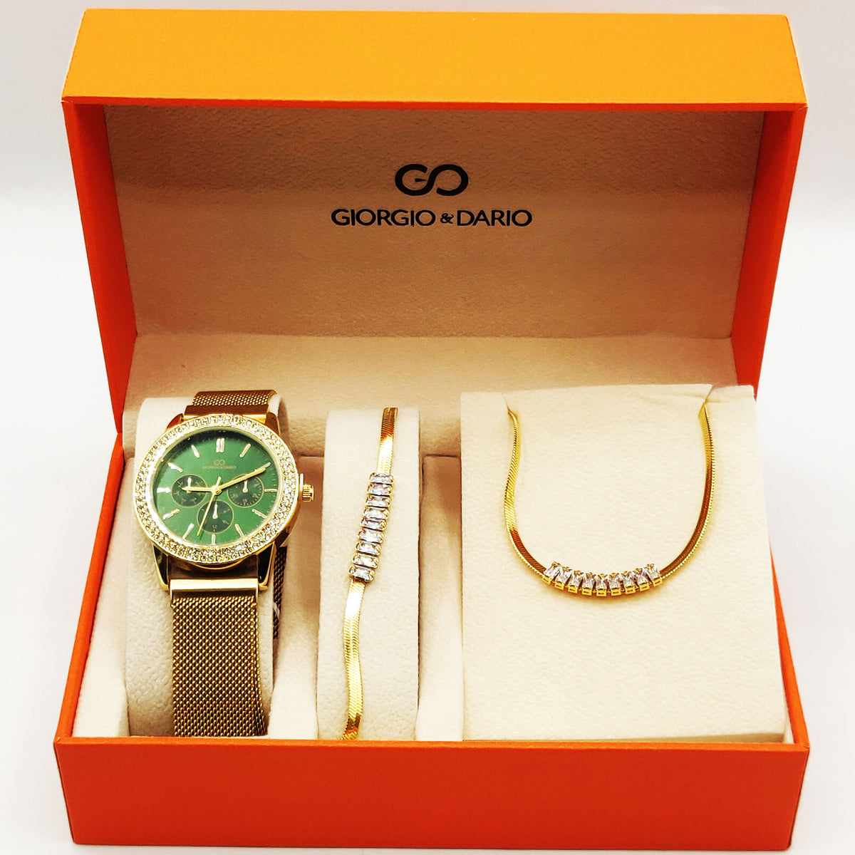 Coffret Montre Giorgio & Dario EU5944 Fond Vert avec Collier et Bracelet Cristaux Rectangles