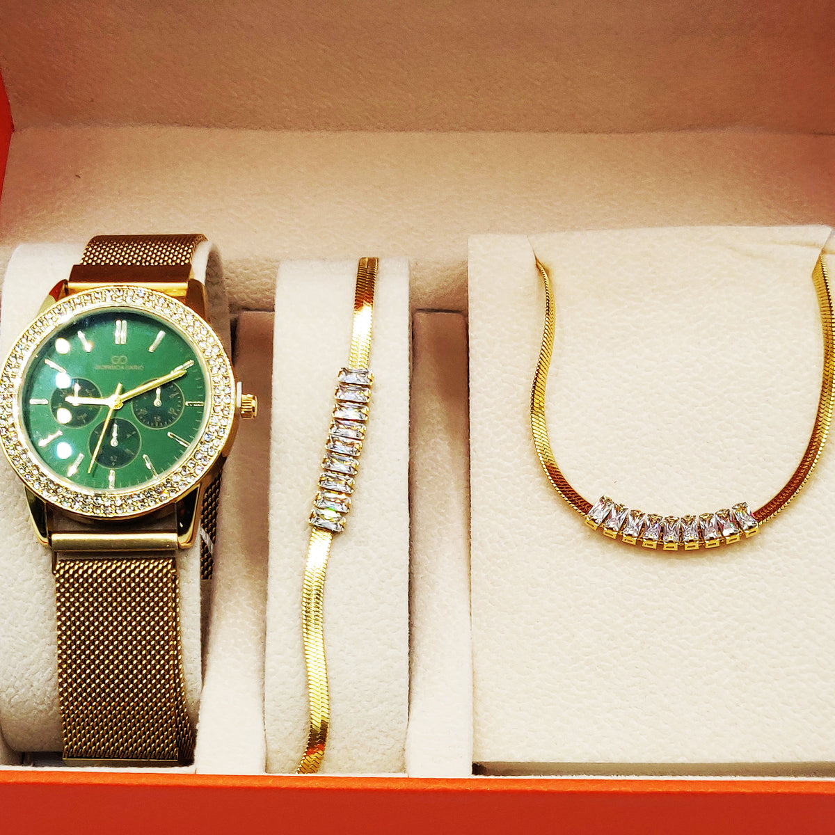 Coffret Montre Giorgio & Dario EU5944 Fond Vert avec Collier et Bracelet Cristaux Rectangles