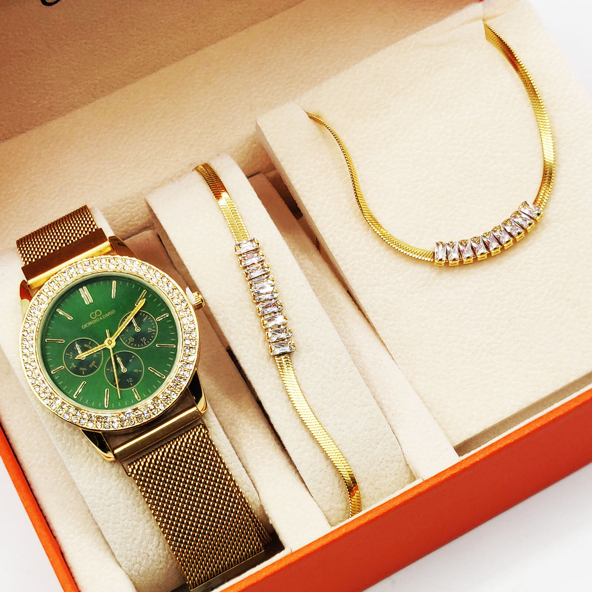 Coffret Montre Giorgio & Dario EU5944 Fond Vert avec Collier et Bracelet Cristaux Rectangles