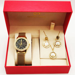 Coffret Montre Giorgio & Dario EU5944 Fond Noir avec Collier et Boucles d'oreilles Cercles Blancs Marbrés Cristaux