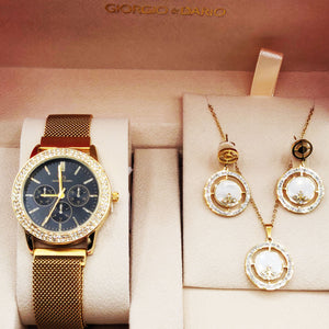 Coffret Montre Giorgio & Dario EU5944 Fond Noir avec Collier et Boucles d'oreilles Cercles Blancs Marbrés Cristaux