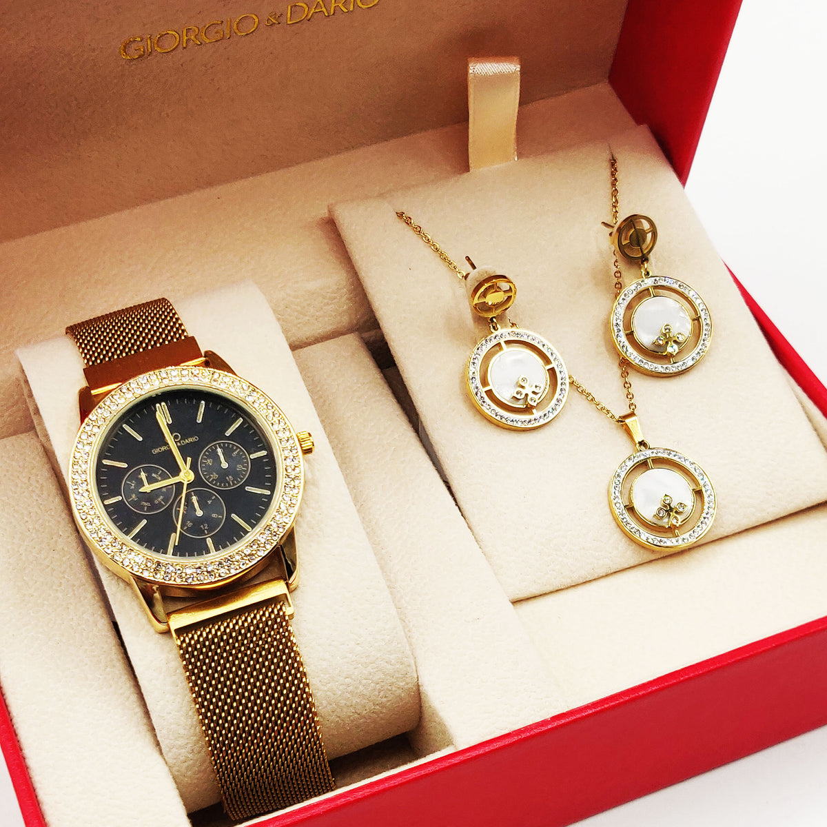 Coffret Montre Giorgio & Dario EU5944 Fond Noir avec Collier et Boucles d'oreilles Cercles Blancs Marbrés Cristaux