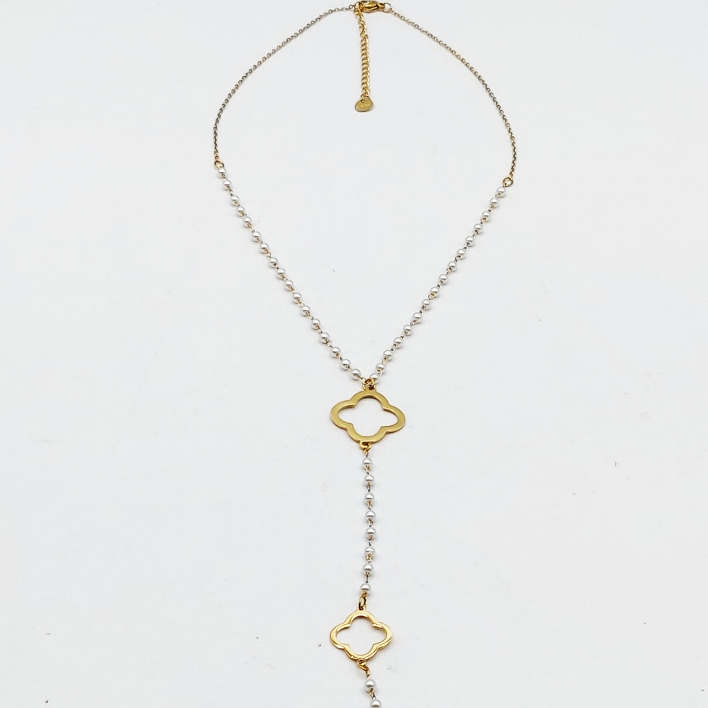 Collier en Perles d'imitation Blanches Pendentifs Trèfles Luxe Descendant