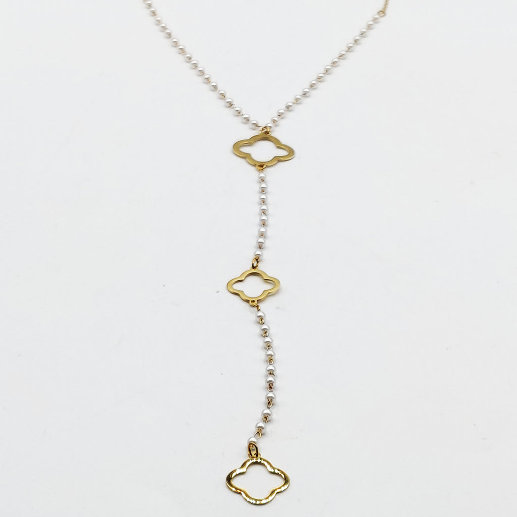 Collier en Perles d'imitation Blanches Pendentifs Trèfles Luxe Descendant