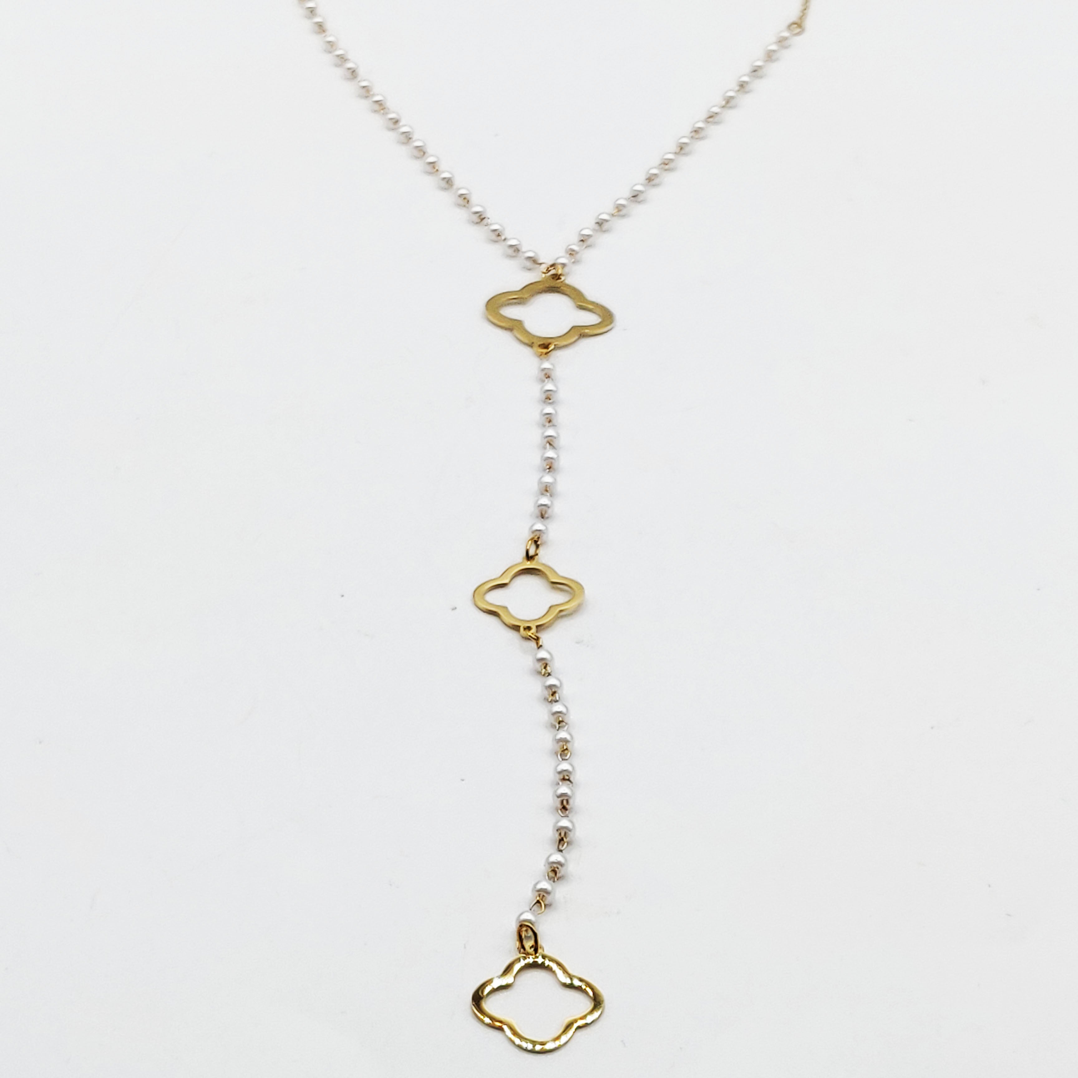 Collier en Perles d'imitation Blanches Pendentifs Trèfles Luxe Descendant