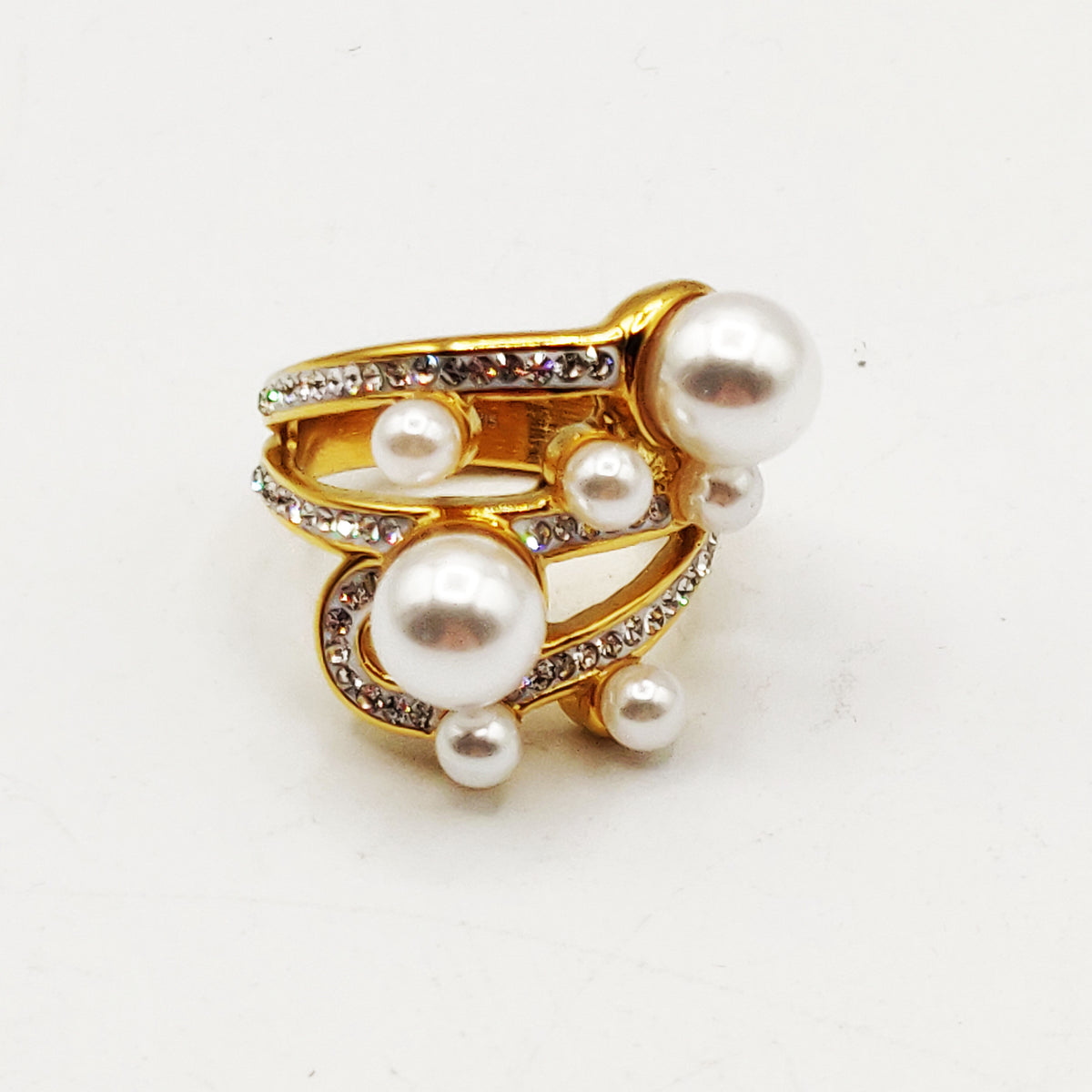 Bague Triple Lignes Perles d'imitation Blanches