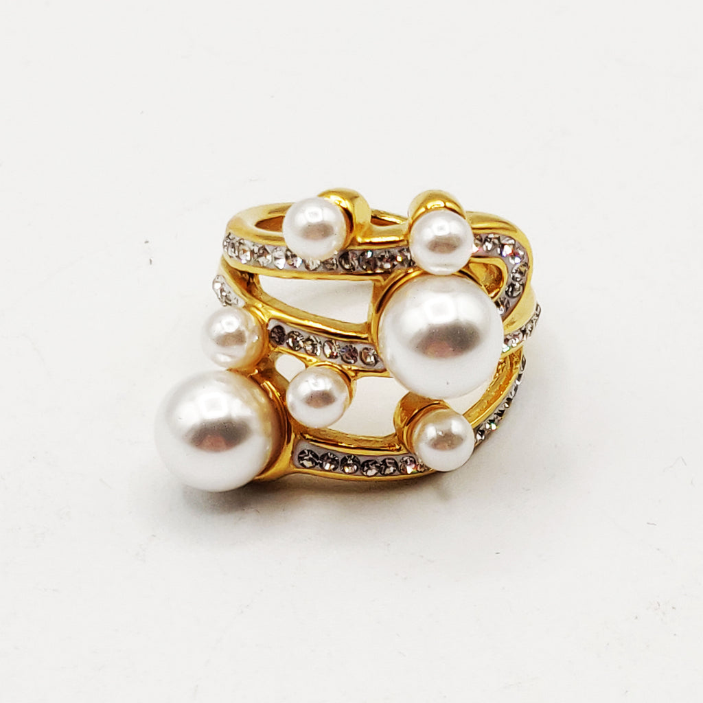 Bague Triple Lignes Perles d'imitation Blanches