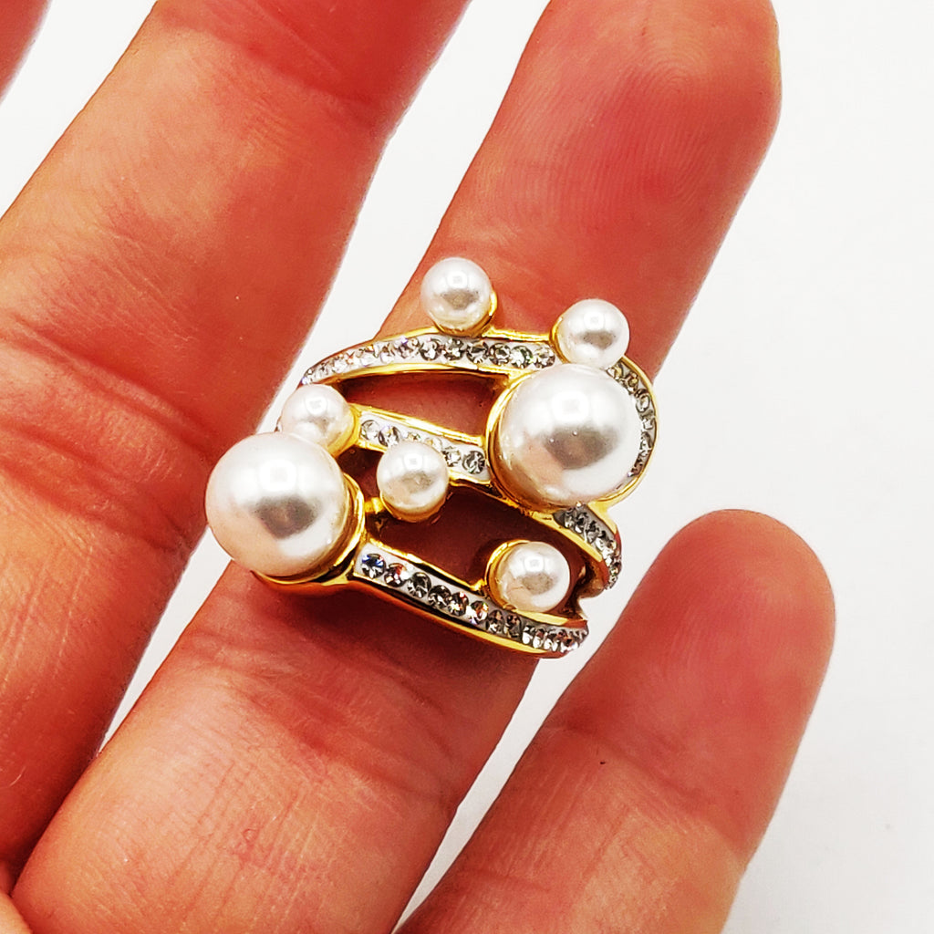 Bague Triple Lignes Perles d'imitation Blanches