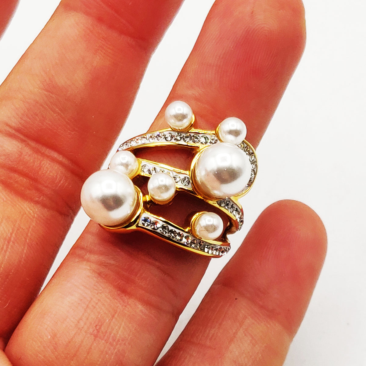 Bague Triple Lignes Perles d'imitation Blanches